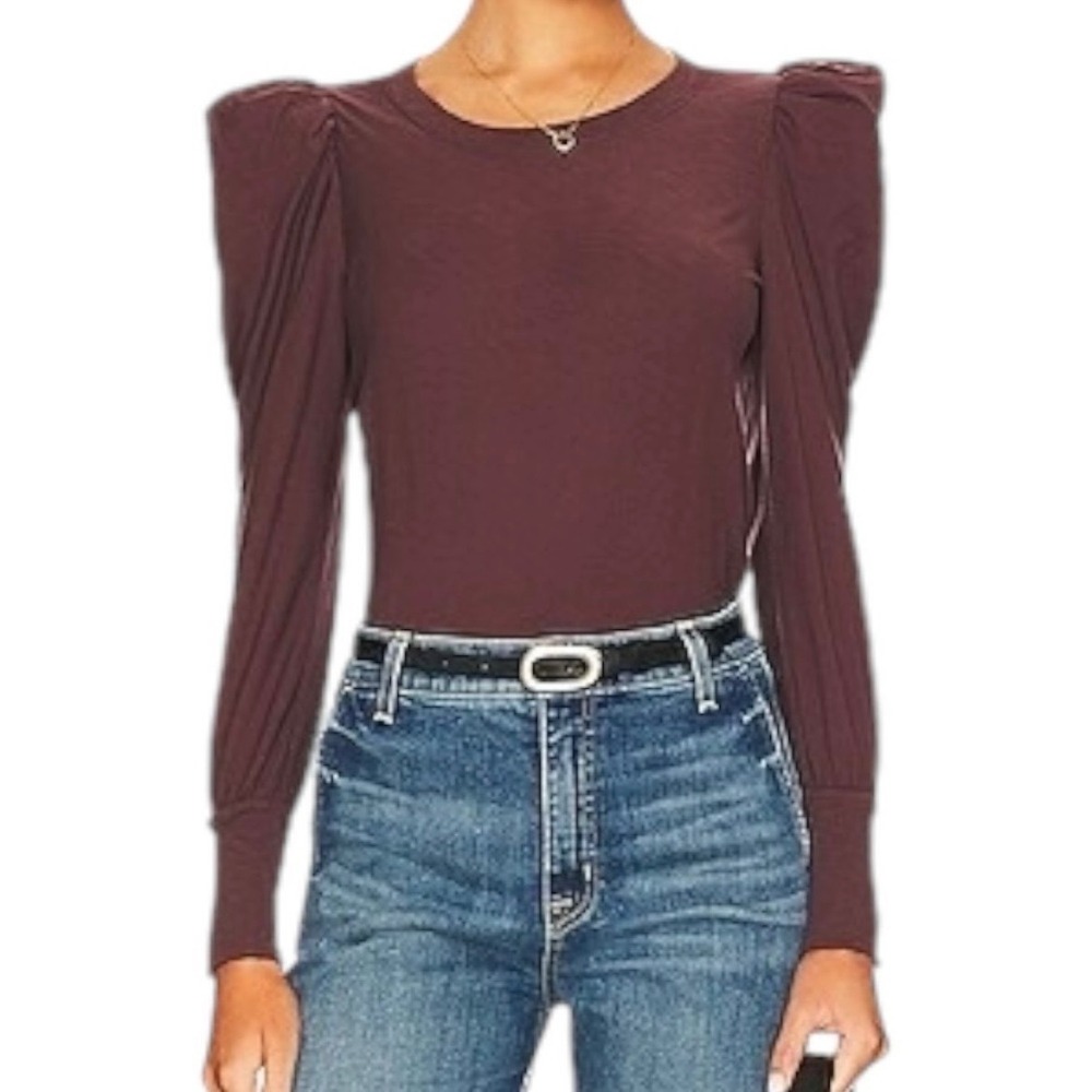 Nation LTD Women Romy Garnet Pima Cotton Puff Shoulder Long Sleeve Tee Size S